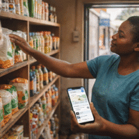 Small Botswana business owner setting up shop while viewing a basic business listing on an online directory Botswana platform.