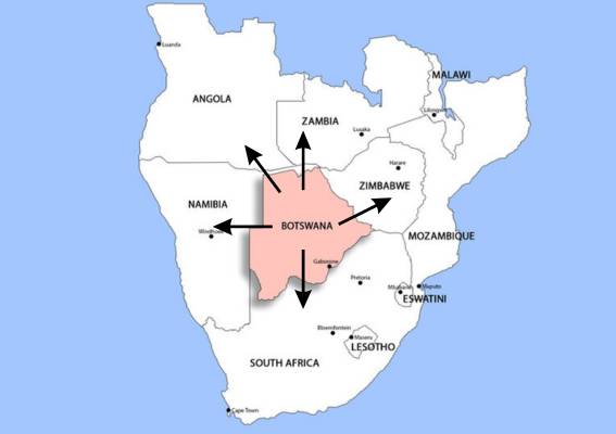 Map of Southern Africa highlighting Botswana with arrows pointing to neighboring countries, showcasing its central position in the SADC region.