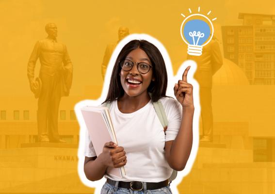 African woman having an 'aha' moment in front of Botswana's Three Kings Monument, with a light bulb symbolizing a new idea, set against an orange overlay background.