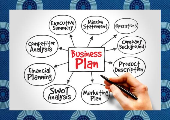 Hand-drawn diagram of a business plan with key steps, featuring a hand with a pen, and a traditional leteisi pattern bordering the image.