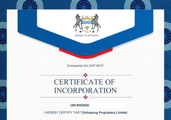 Incorporation certificate of Dishopong Pty Ltd, showcasing the official business registration in Botswana.