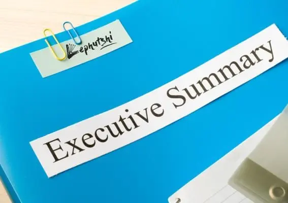 Business Plan Basics: Botswana Template & Guide 2 Sky blue folder labeled 'Executive Summary' with Lephutshi logo, representing Botswana, on a desk