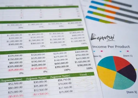 Business Plan Basics: Botswana Template & Guide 8 Spreadsheets and 'Income per Product' pie chart on a desk, illustrating financial planning