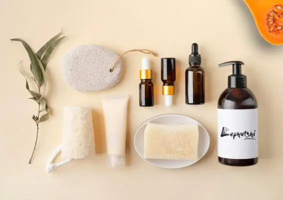 Business Plan Basics: Botswana Template & Guide 4 Mockup of bath products with shower gel labeled Lephutshi logo, representing Botswana business innovation