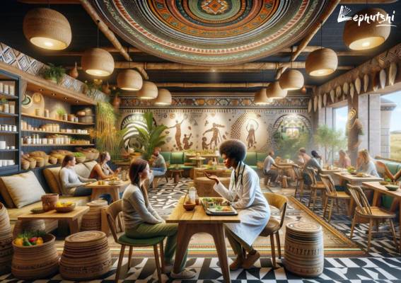 Top Health Business Ideas in Botswana: Opportunities for Entrepreneurs 7 Customers enjoying healthy local cuisine at a health food cafe in Botswana, with on-site nutrition counseling available.