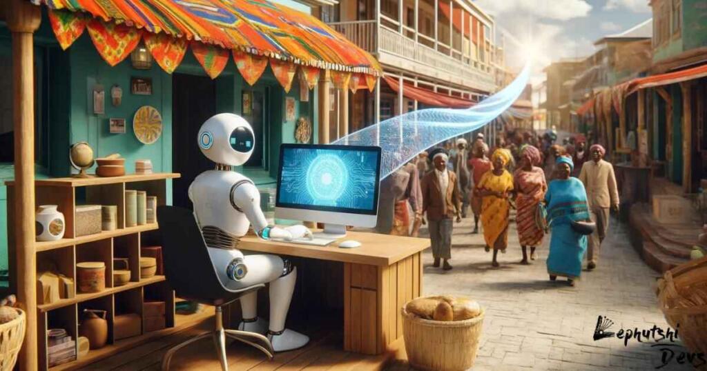 Modern robot using AI to attract diverse customers at a Botswana business storefront