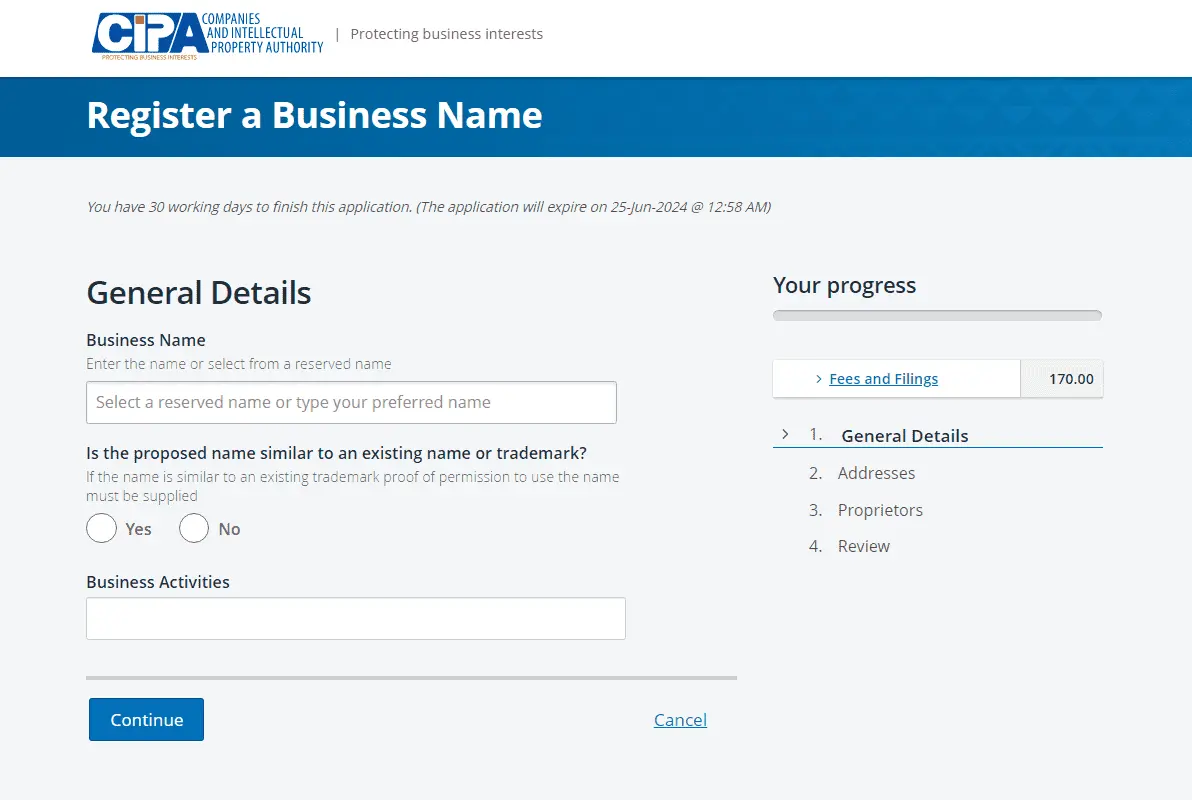 Screenshot of the Business Registration Form on CIPA's website in Botswana