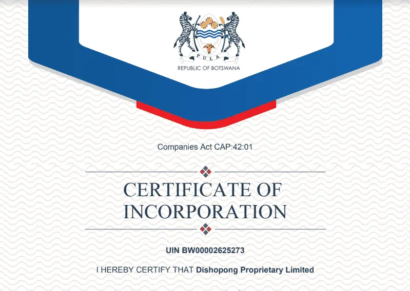 Example of an Incorporation Letter received from CIPA for Dishopong Pty Ltd in Botswana