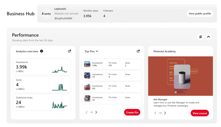 Enhance Your Botswana Business: AI-Driven Content & SEO Strategies for Local Success 8 Screenshot of Lephutshi's Pinterest Analytics showing user engagement and reach metrics.