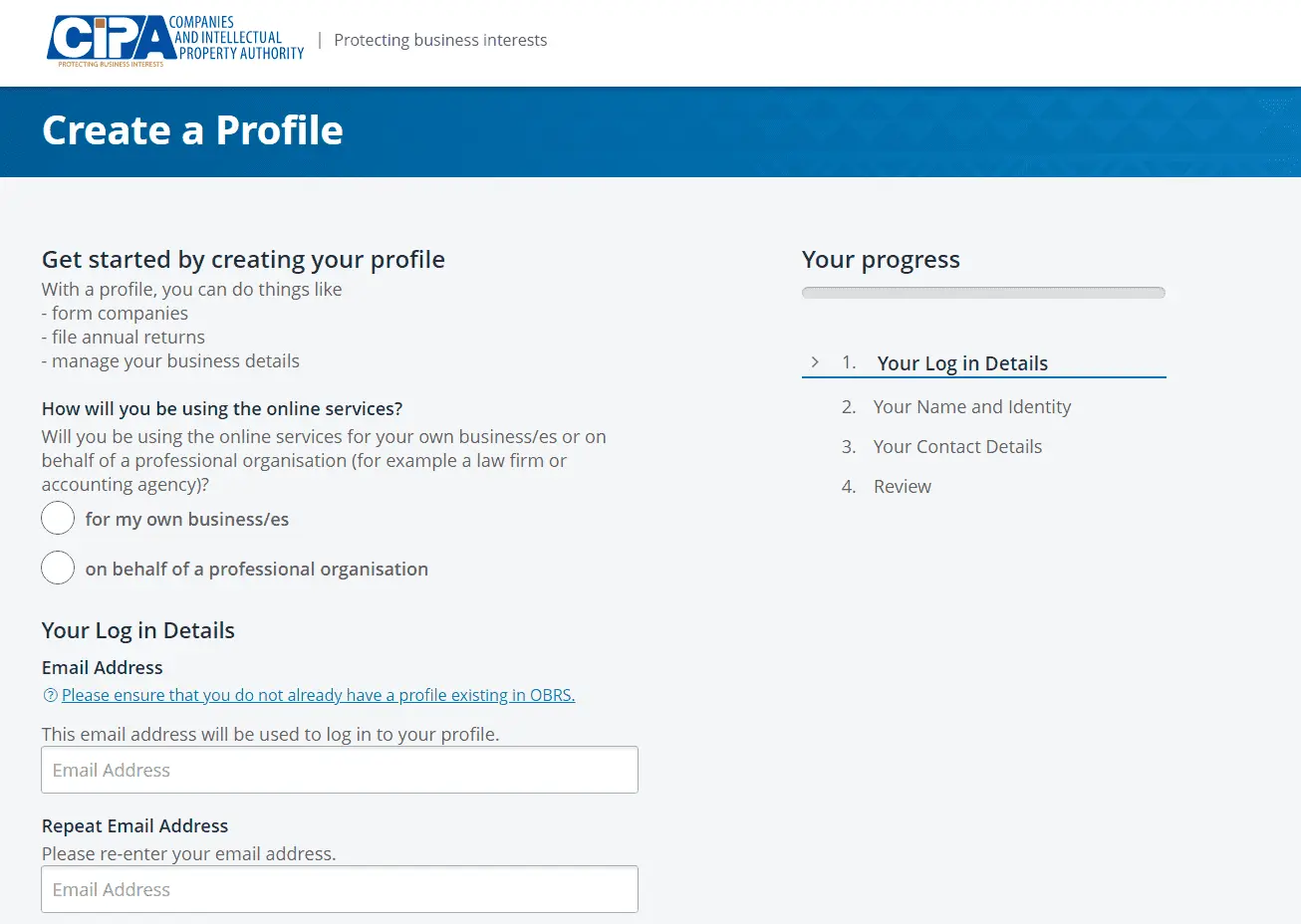 Screenshot of the OBRS Create Profile page on CIPA's website, essential for business registration in Botswana