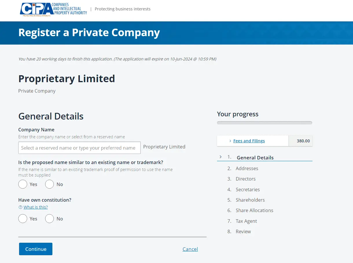 Screenshot of the Register Your Business page on CIPA's website in Botswana