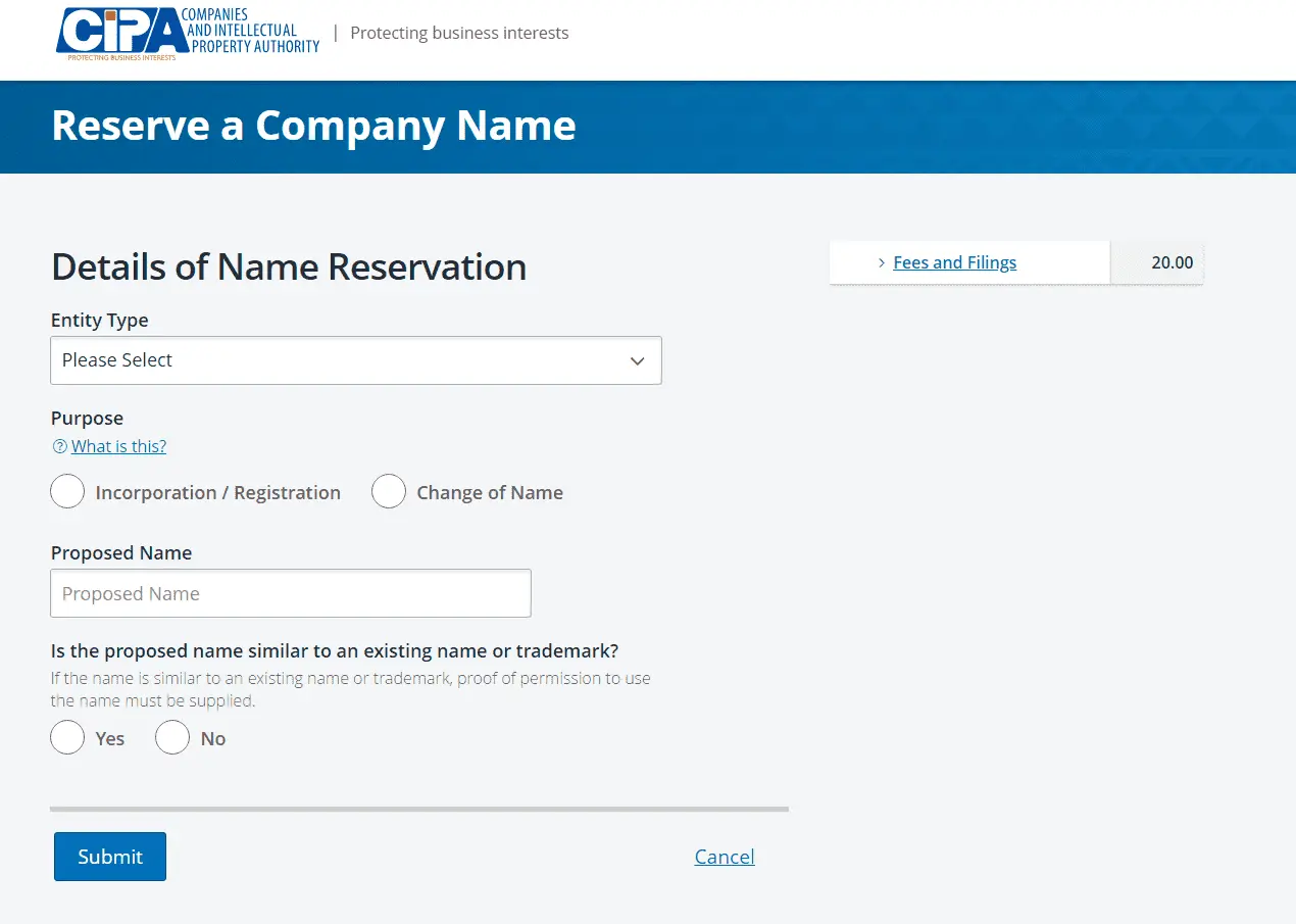 Step-by-step screenshot of reserving a company name in Botswana on CIPA's website