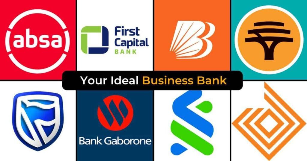 Logos of major banks in Botswana for business accounts comparison including Absa, First Capital Bank, and others.