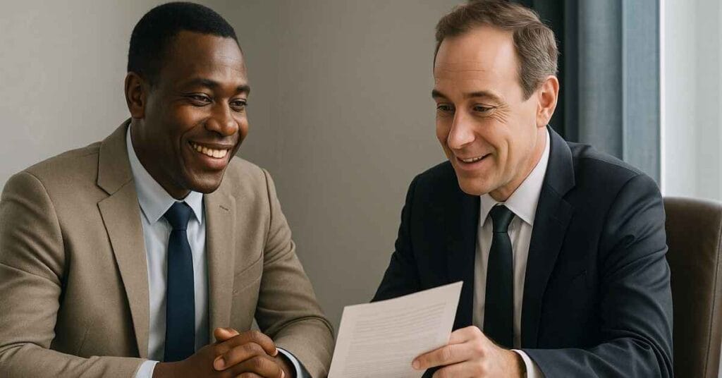 Botswana entrepreneur discussing business loans Botswana with a bank officer, referencing SME loans and Dithutong in Gaborone.