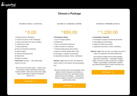 Free Advertising in Botswana | Grow Customers with Lephutshi 5 Optimise Your Free Lephutshi Listing for More Customers - Example price list layout showing three service packages with starting prices