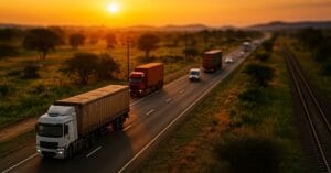 Aerial sunset view of trucks and cargo vehicles on a Botswana highway with railway tracks, representing the nation’s growing logistics and transport network: Aerial sunset view of trucks and cargo vehicles on a Botswana highway with railway tracks, representing the nation’s growing logistics and transport network