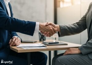 Business executives shaking hands during a meeting to discuss Botswana’s transport and logistics expansion projects