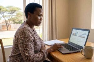 Online Business Ideas for Entrepreneurs in Botswana 1 Botswana entrepreneur analyzing online business market data on a laptop