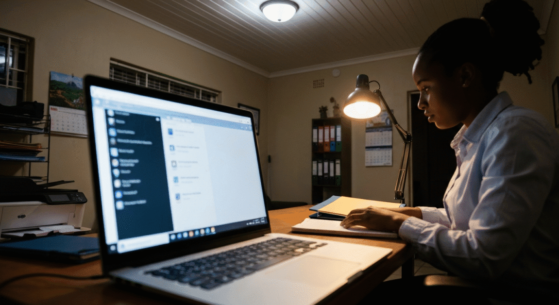 Business owner in Botswana filing annual return on laptop in small workspace