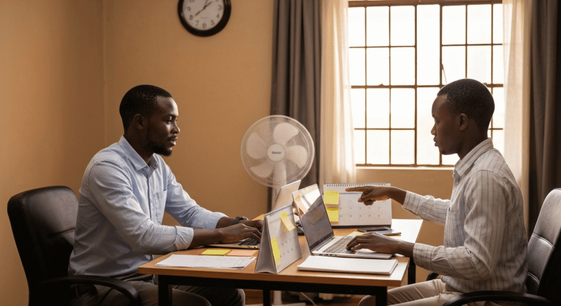 Two SME team members planning annual return filing using laptop and calendar