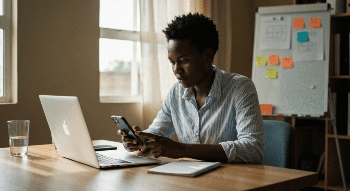 Young Botswana entrepreneur in home office testing idea on smartphone and laptop