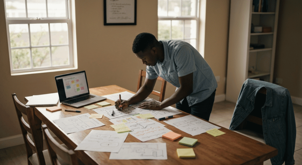 Botswana entrepreneur creating a customer journey map on a home office table