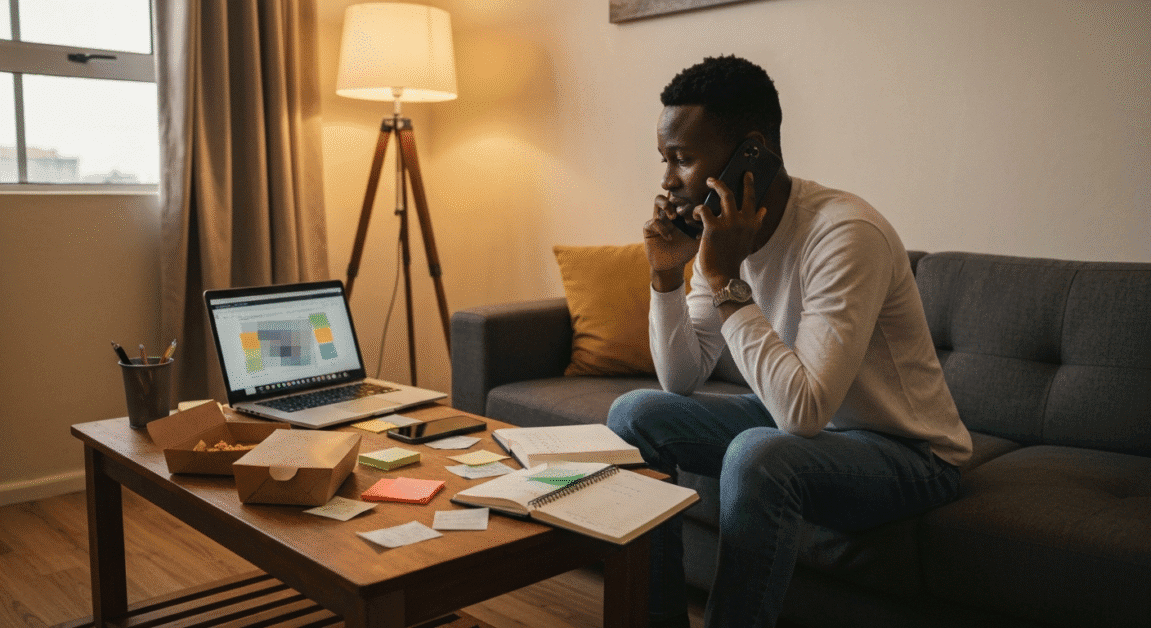 Side hustle entrepreneur in Botswana validating a business concept at home using notes and phone