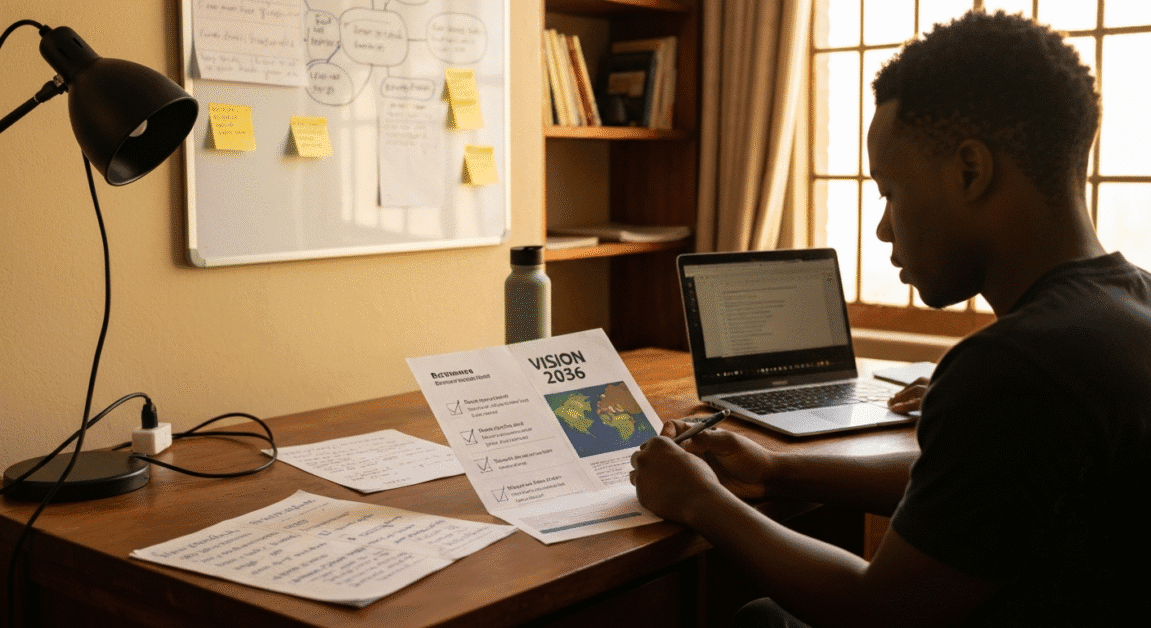 Young Botswana entrepreneur reviewing sustainable business goals at home office