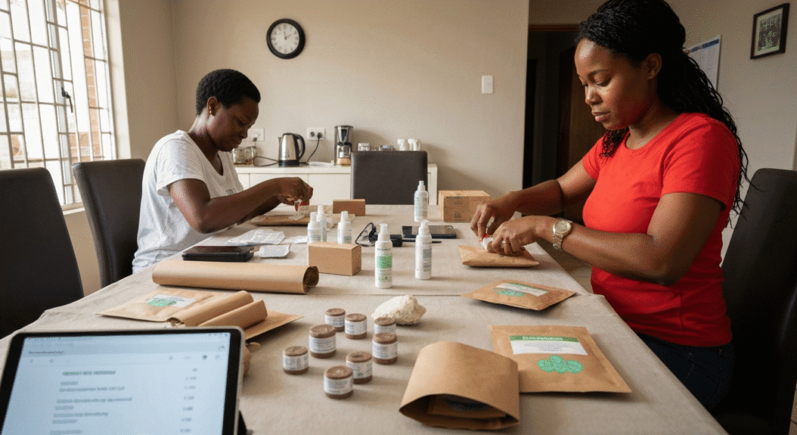 Botswana entrepreneurs preparing biodegradable packaging for eco skincare products