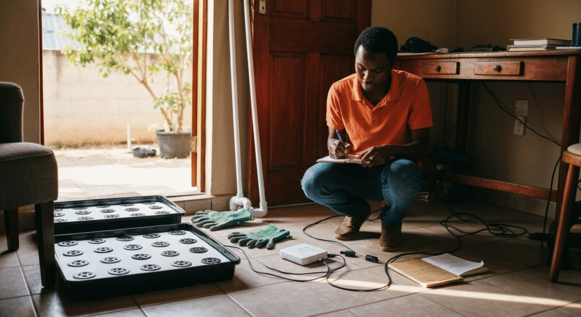Entrepreneur setting up smart irrigation components for urban farming in Botswana home