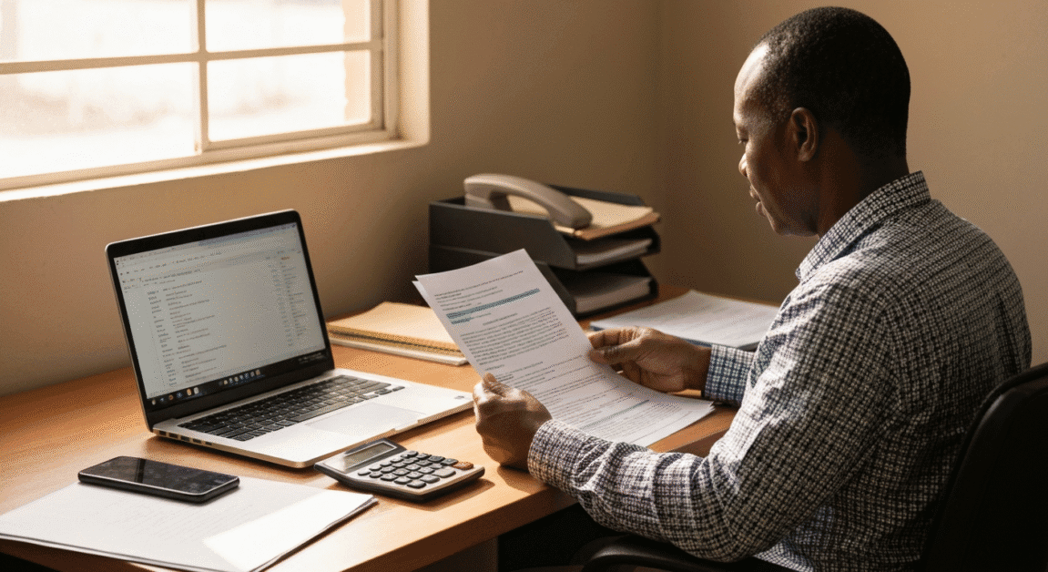 Botswana entrepreneur using accounting software in a small office with papers and laptop