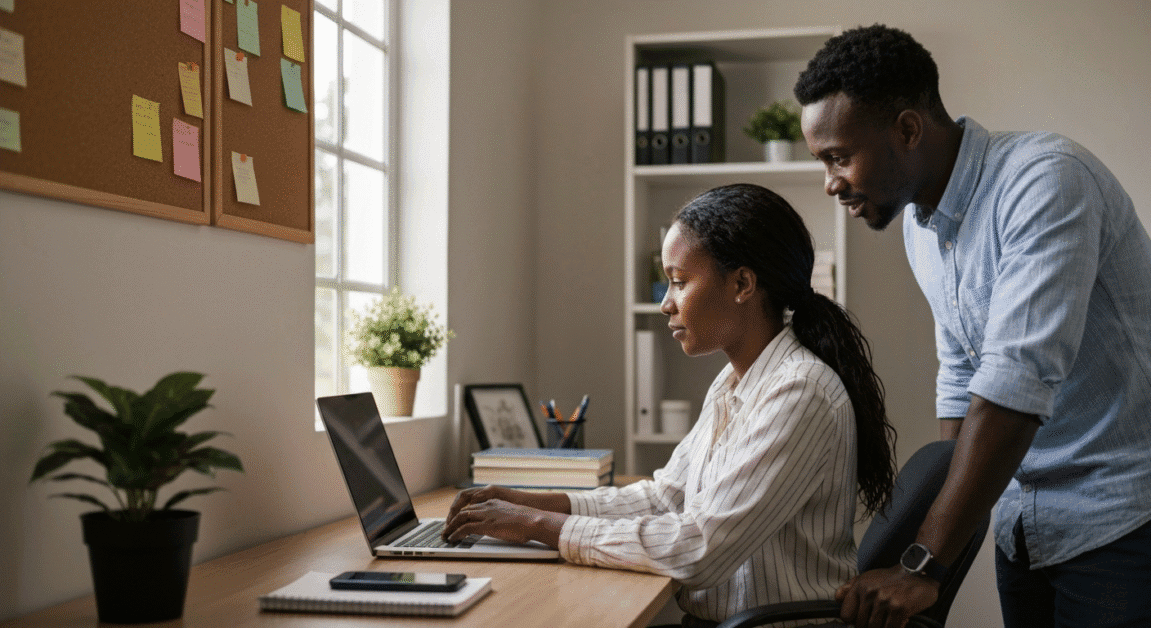 Two colleagues collaborating over a laptop in a home office setup in Botswana