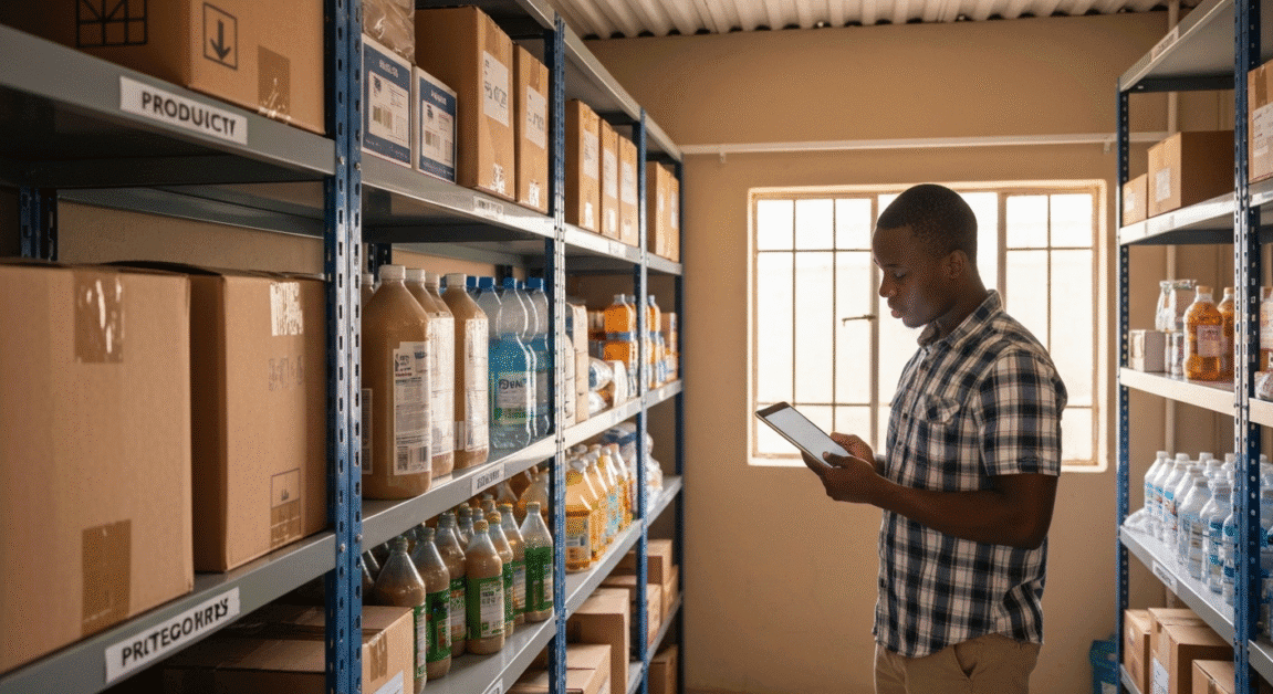 Entrepreneur in Botswana checking inventory with a tablet in a converted home garage
