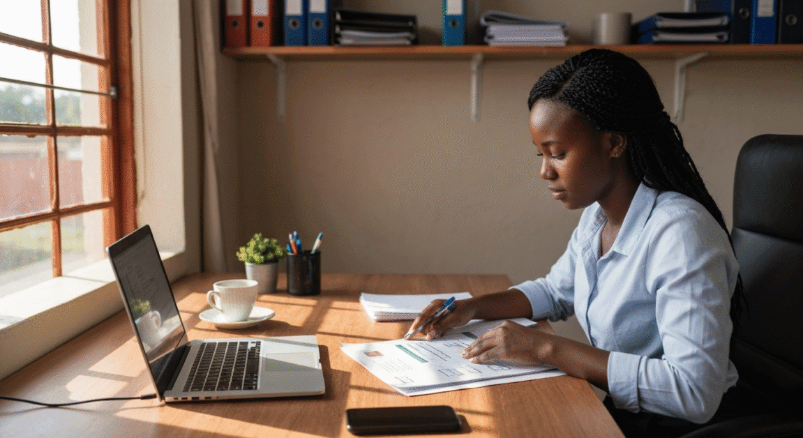 Botswana entrepreneur reviewing printed documents and grant checklist at home office desk