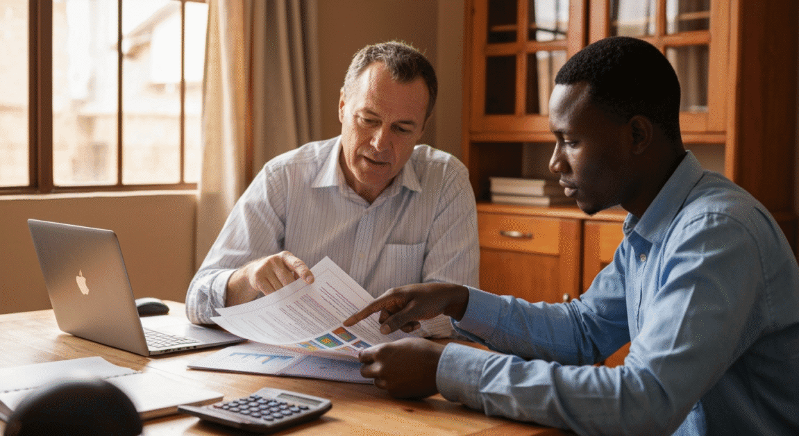 LEA advisor in Botswana assisting entrepreneur with a printed business plan at a home workspace