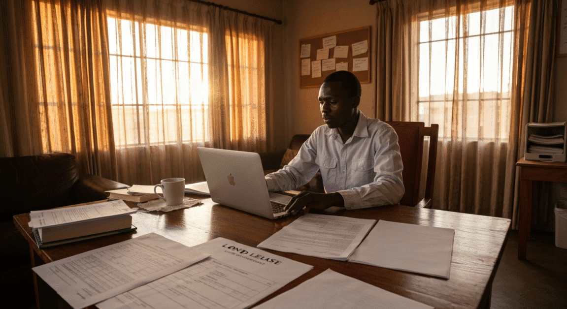 Young Botswana farmer preparing agriculture grant proposal with documents and laptop