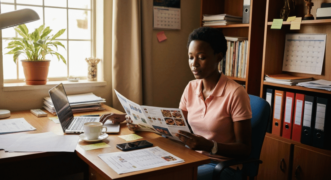 Young entrepreneur in Botswana comparing franchise options at home office desk