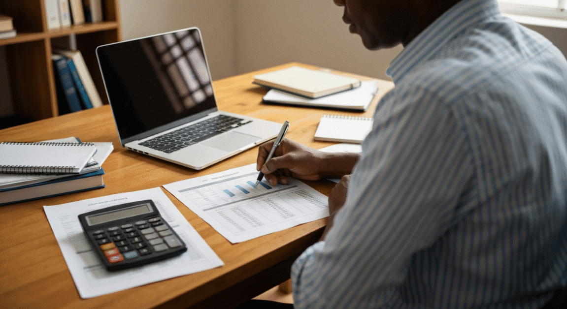 Entrepreneur in Botswana calculating franchise ROI using budget sheets and a laptop in a home office setting