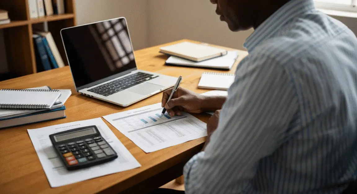 Most Profitable & Low-Cost Franchise Opportunities 2 Entrepreneur in Botswana calculating franchise ROI using budget sheets and a laptop in a home office setting