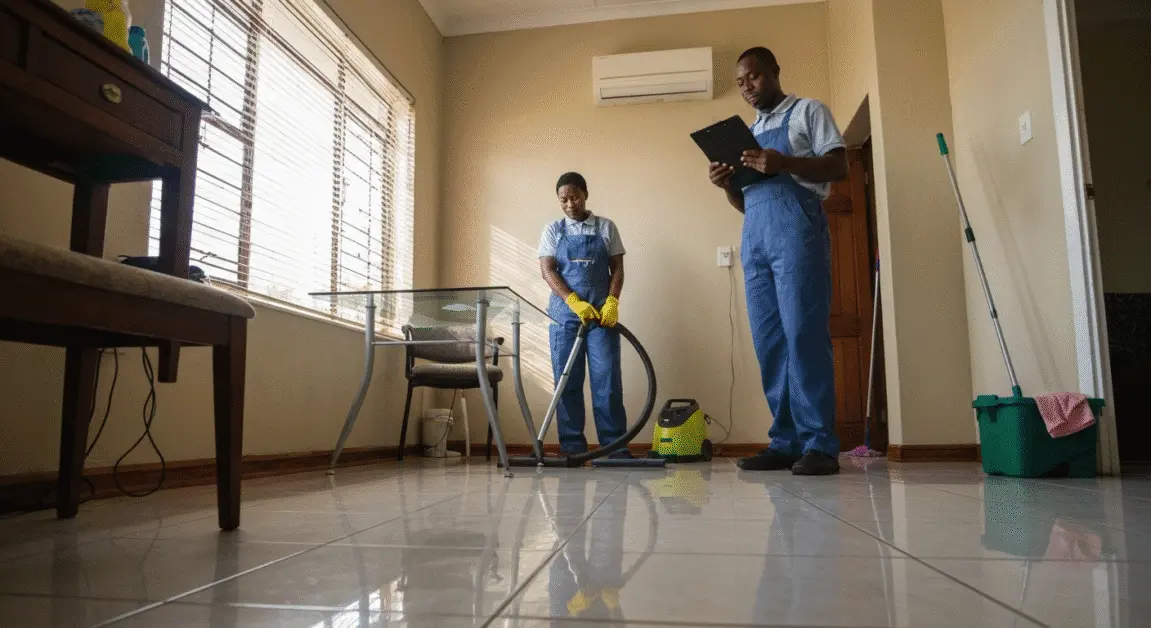 Most Profitable & Low-Cost Franchise Opportunities 5 Two cleaning service workers in Botswana performing onsite work inside a small office as part of a franchise contract