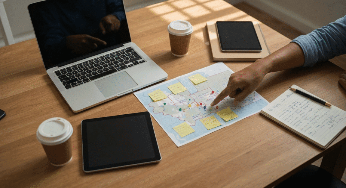 Botswana entrepreneurs reviewing a marked map and digital tools to evaluate franchise market demand