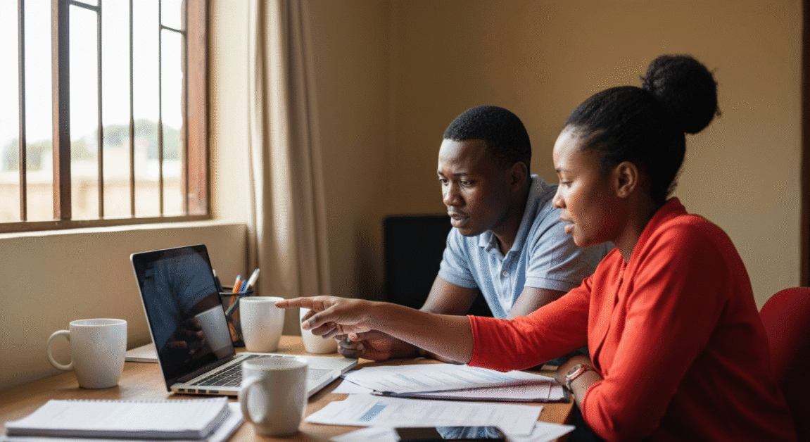 Best E-commerce Platforms for Small Businesses in Botswana 1 Two Botswana entrepreneurs evaluating e-commerce platforms on a laptop inside a home workspace