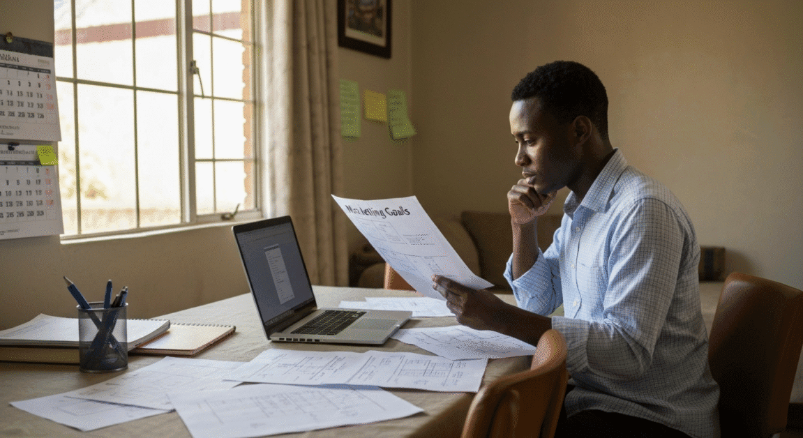 A Botswana entrepreneur planning marketing goals at a dining table with notes and a laptop