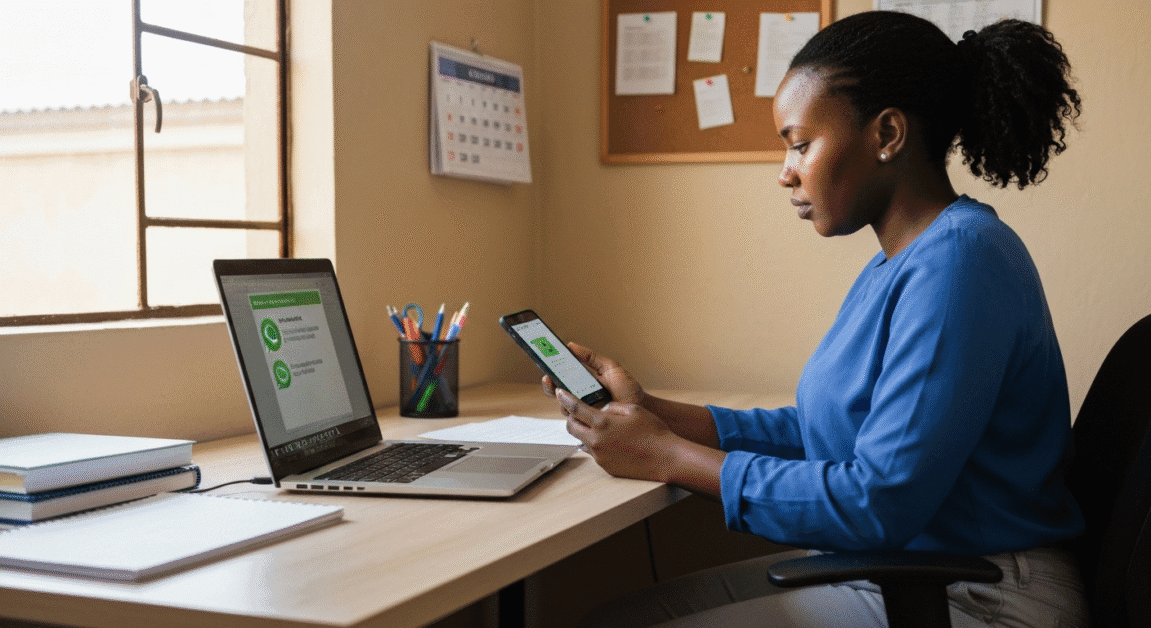 Small business owner using WhatsApp and printed notes to research their customers