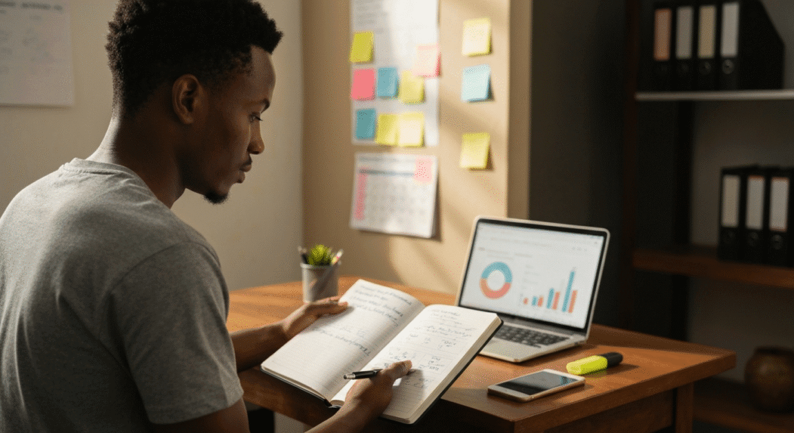 Business owner reviewing sales data and tracking marketing results in a notebook