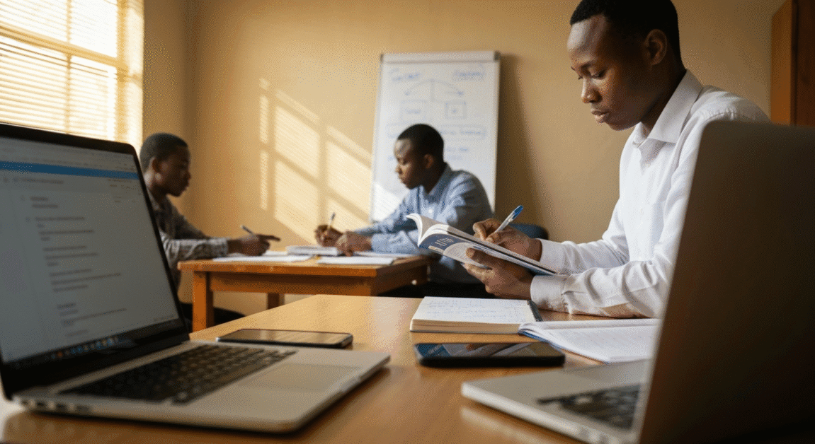 Botswana entrepreneur using physical leadership book and notebook at a small home office desk