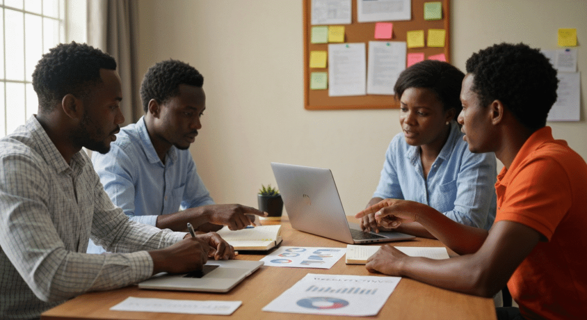 Team meeting with laptops and discussion in a Botswana startup workspace