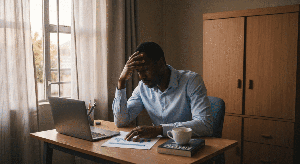 Startup founder thinking through challenges alone in quiet Botswana office