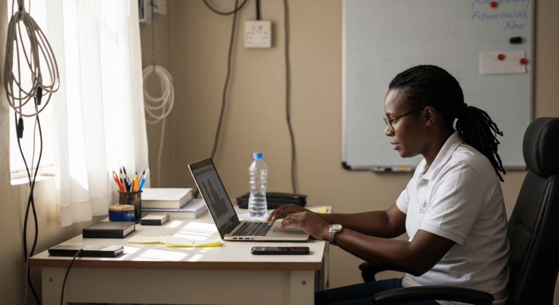 Entrepreneur in Botswana managing AI automation tasks from home office