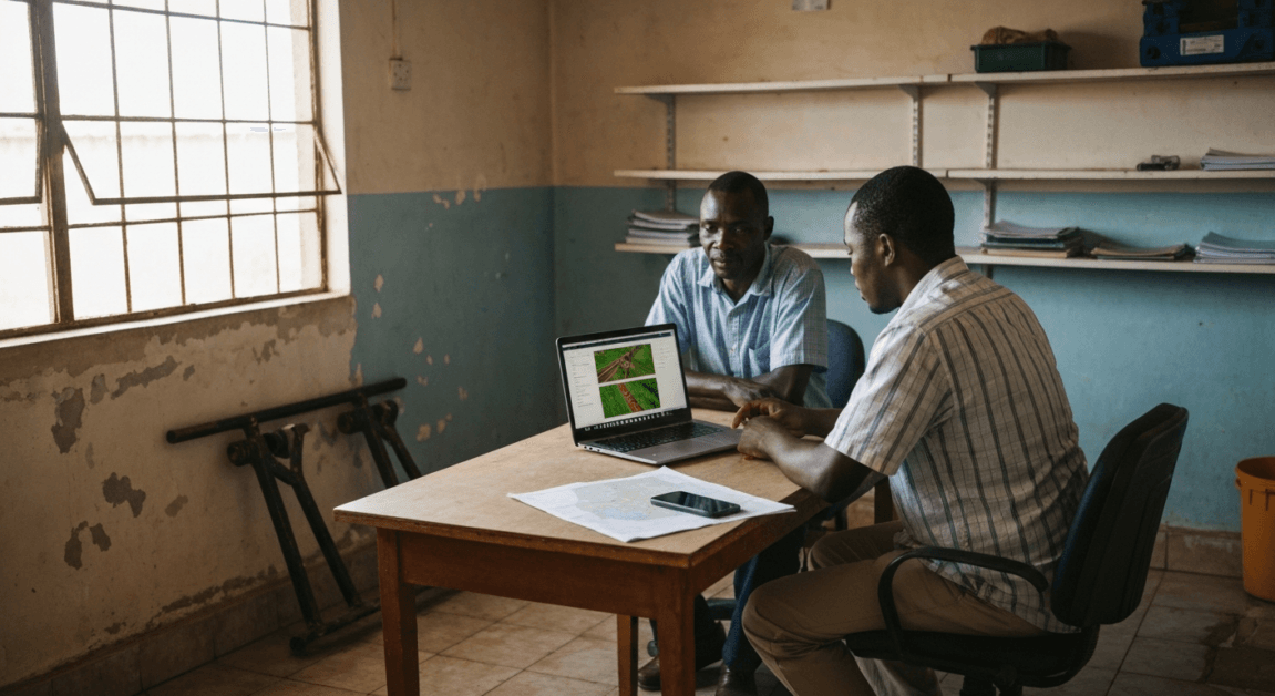Local farmer and advisor reviewing AI insights for crops in Botswana home office